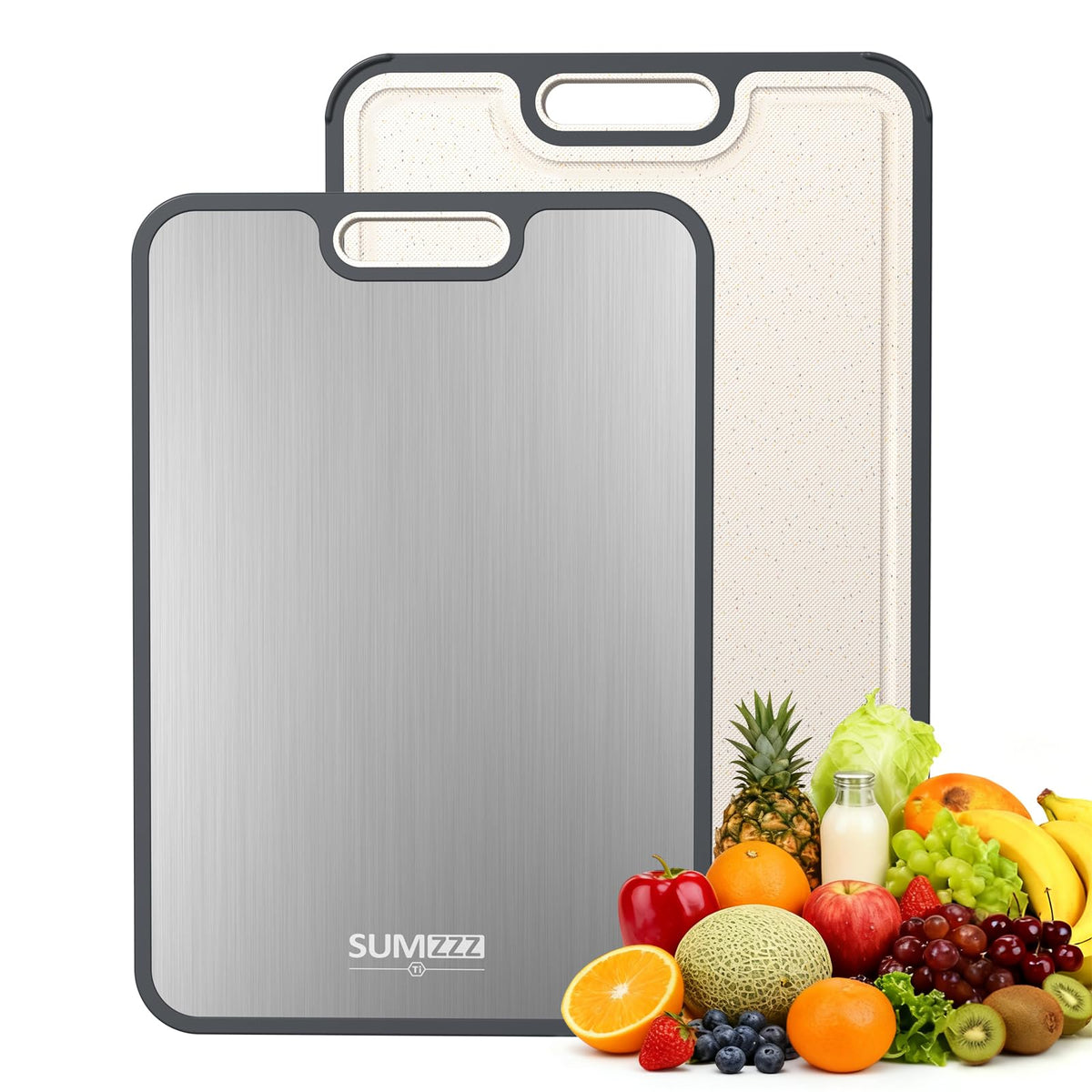 Sumzzz titanium cutting board two-sided for meat and produce, durable prep surface.