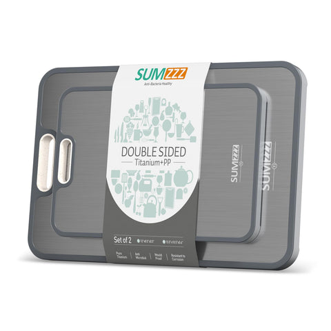 Sumzzz titanium cutting board two-sided surface for raw and cooked foods.