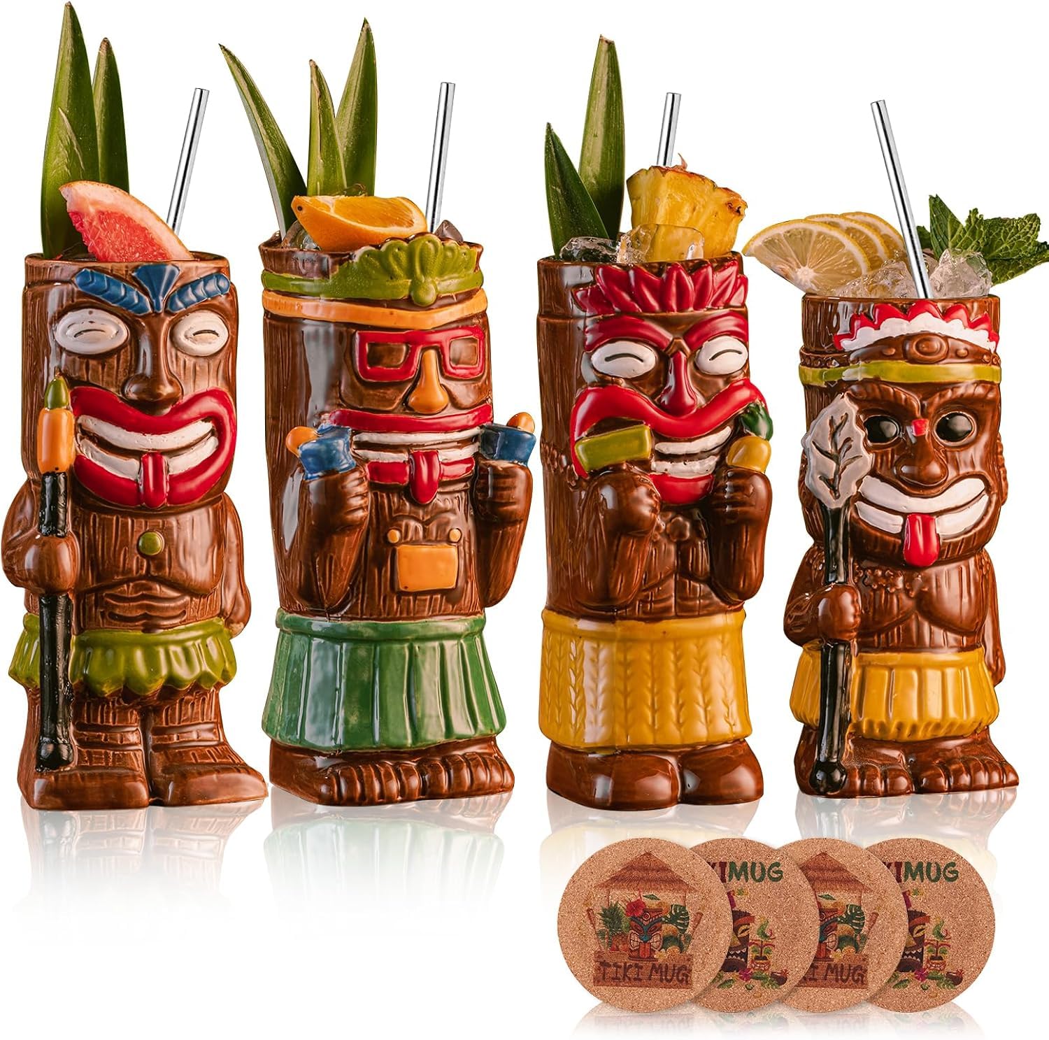 SUN GKOTTA cocktail tiki mugs four-piece glossy set for tropical party vibes.