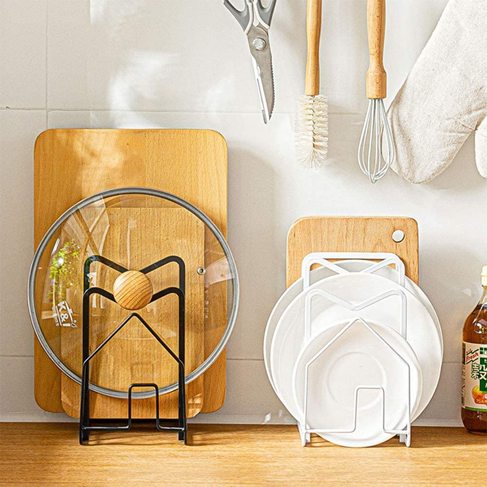SUNFICON cutting board rack on counter keeps boards and lids within reach
