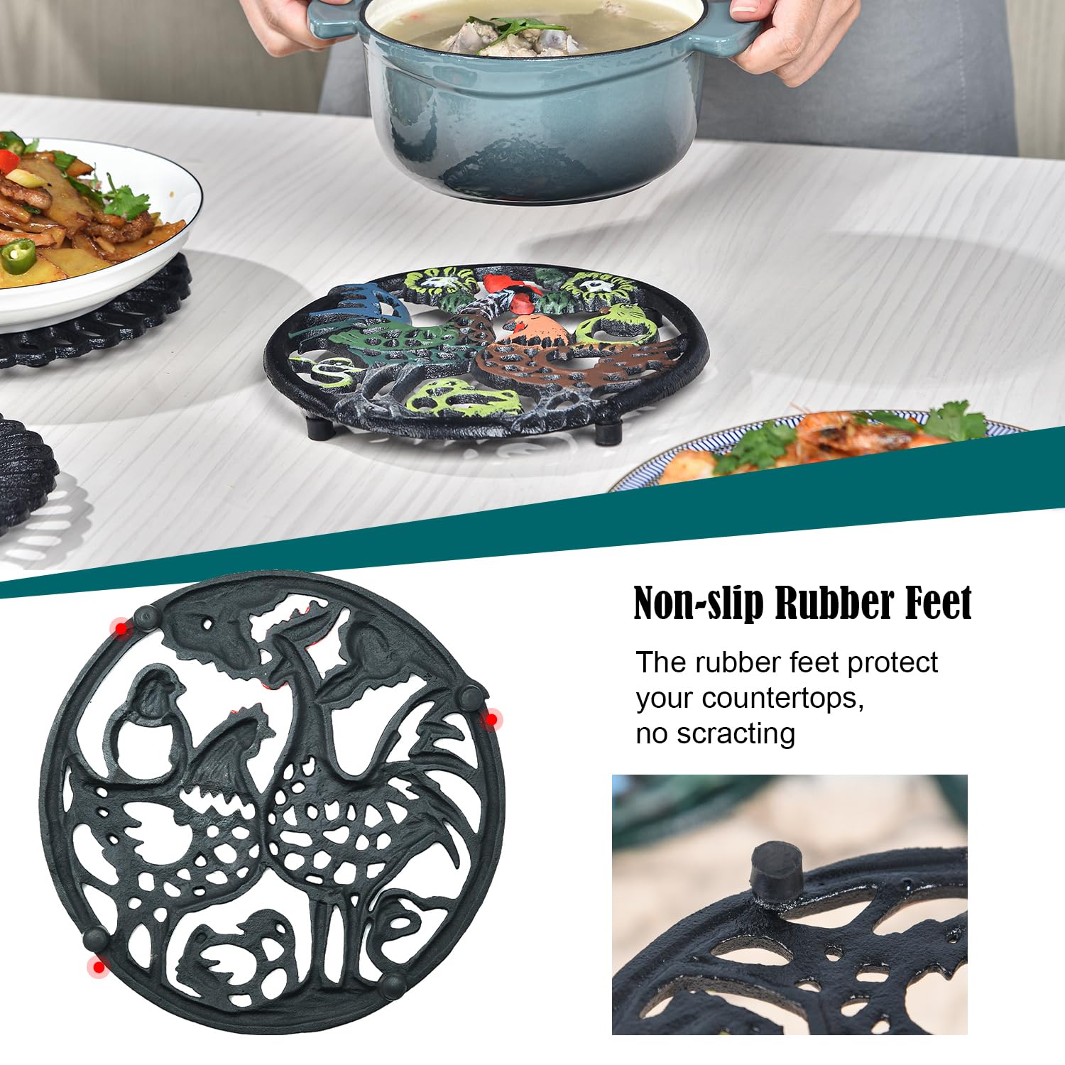 Sungmor trivet hand-painted rooster detail enhances cozy dining ambiance.