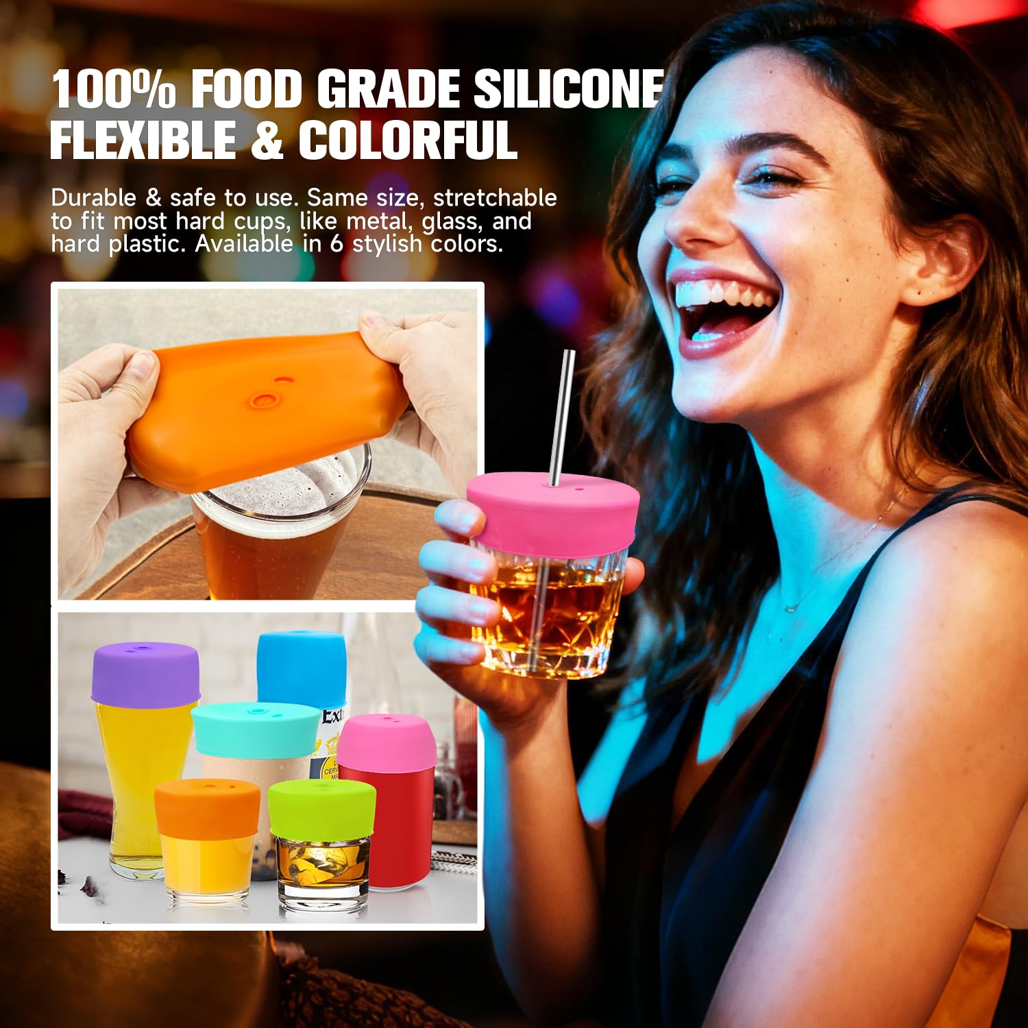 SunGrace drink protection cover snug fit close-up demonstrates reusable silicone design.