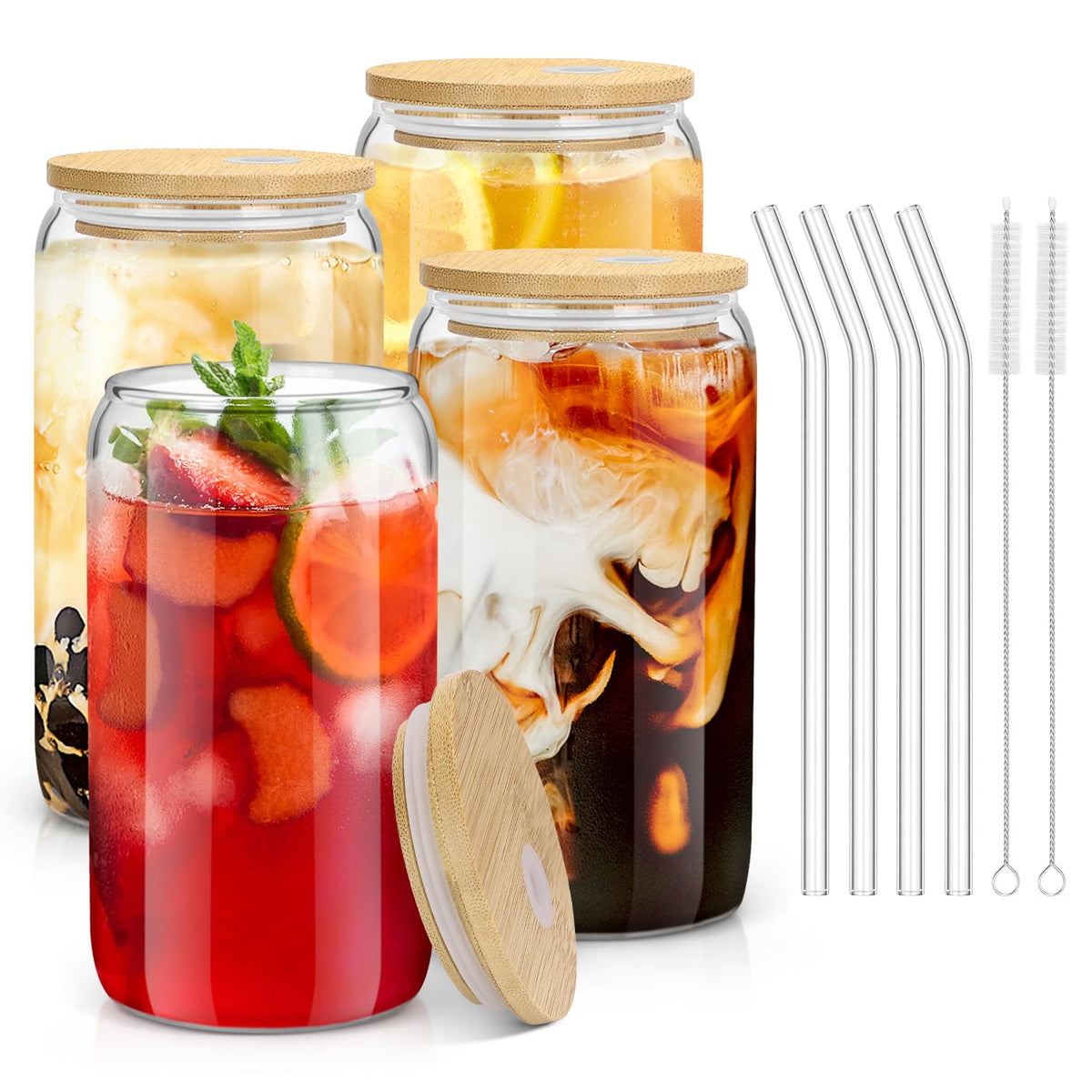 Sungwoo 4-piece glass cups with bamboo lids and straws for stylish 16oz beverages.