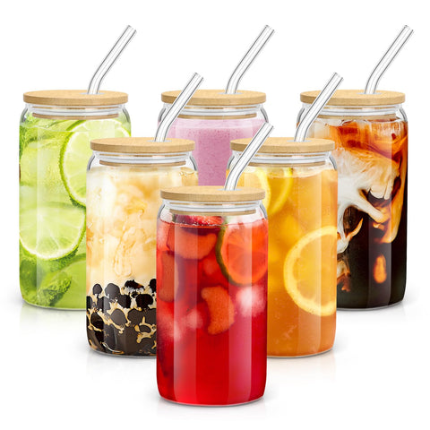 Sungwoo 6-pack glass cups with bamboo lids for stylish serving.