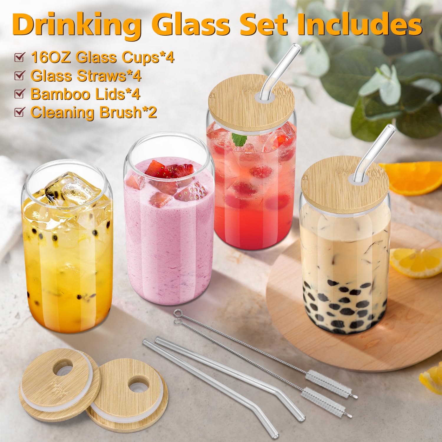 Sungwoo crystal-clear glass tumblers with natural bamboo lids elevate drinks.