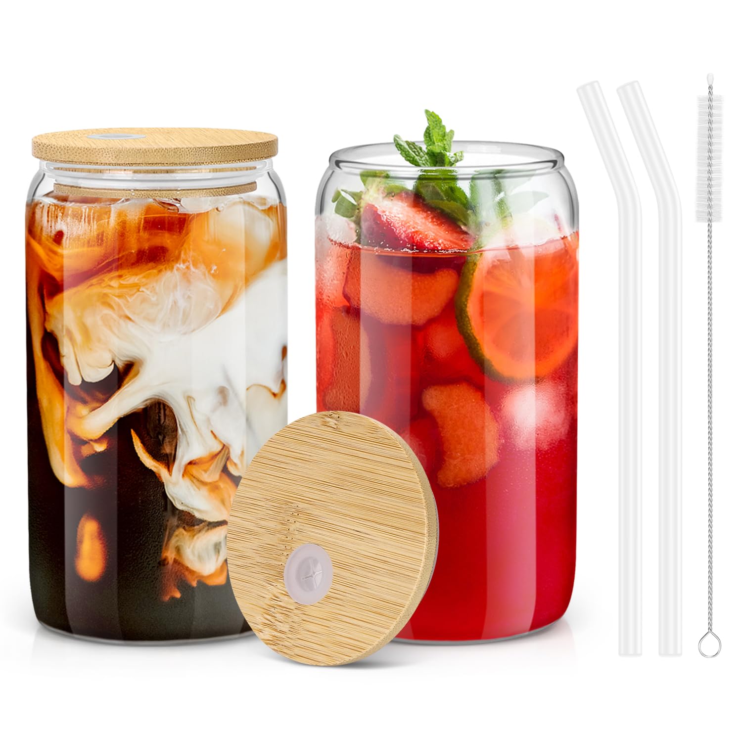 Sungwoo glass cups with bamboo lids, 16oz, two-pack, ideal for iced beverages.