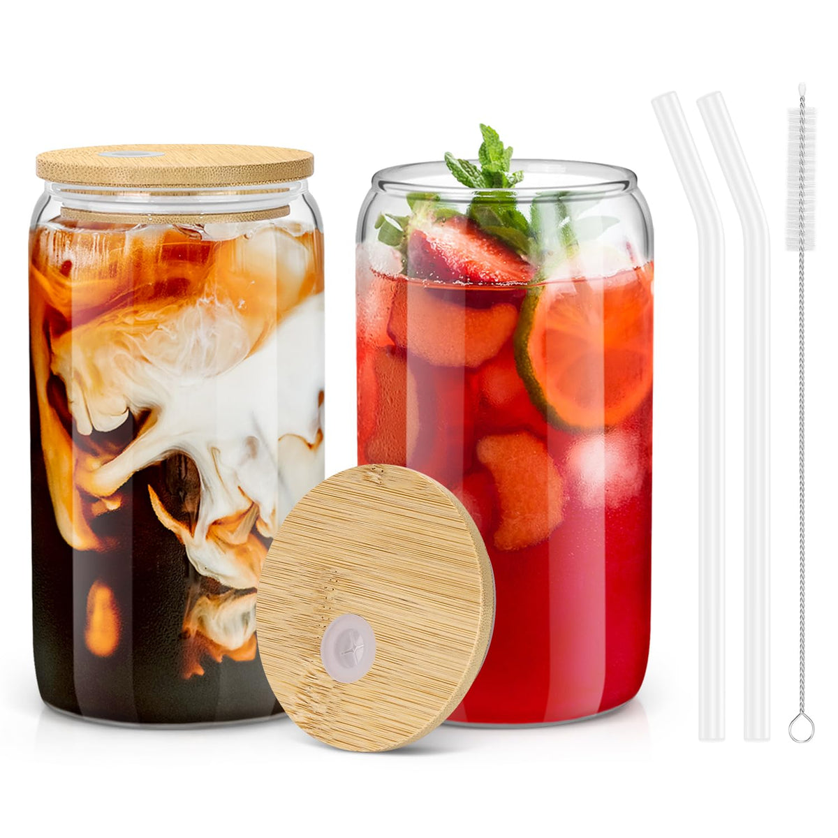 Sungwoo glass cups with bamboo lids, 16oz, two-pack, ideal for iced beverages.