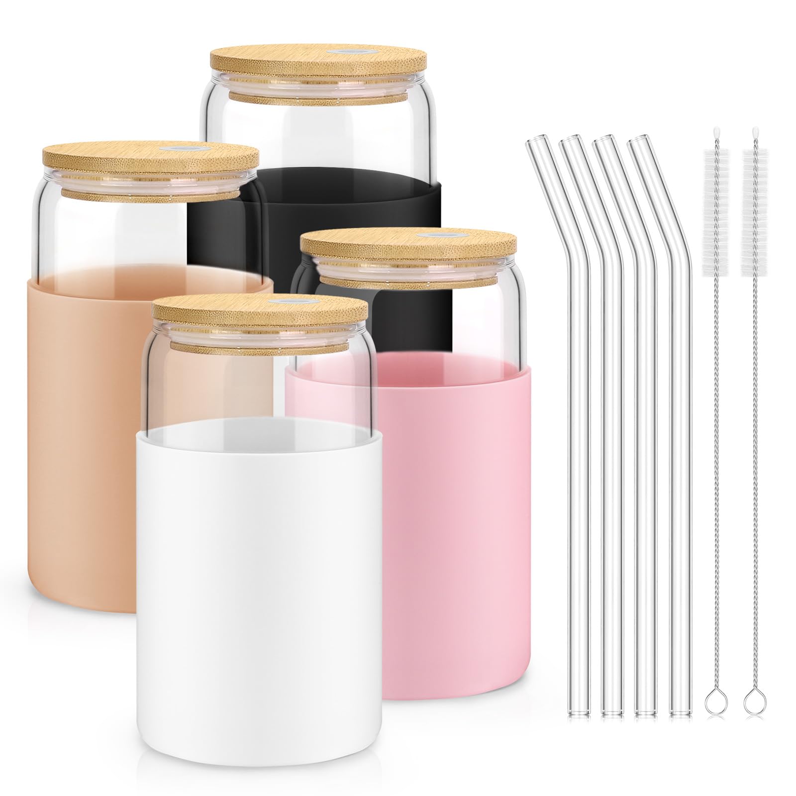 Sungwoo glass cups with lids and straws showing 16oz capacity for iced drinks