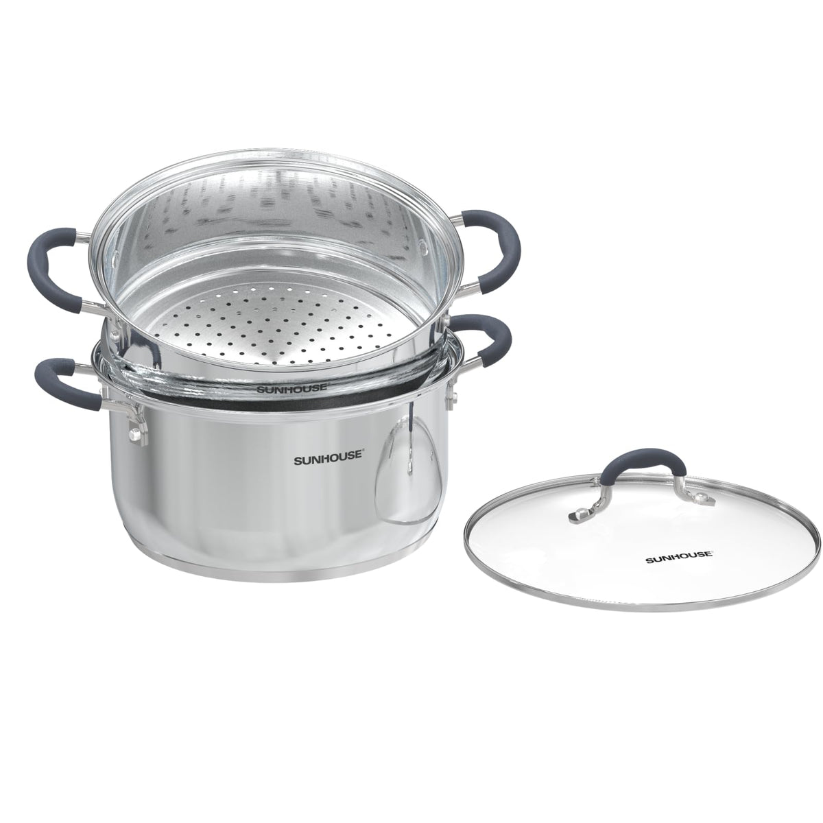 Sunhouse 3.1 qt steamer pot with 2-tier basket for even steaming and flavor preservation.