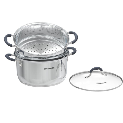 Sunhouse 3.1 qt steamer pot with 2-tier basket for even steaming and flavor preservation.