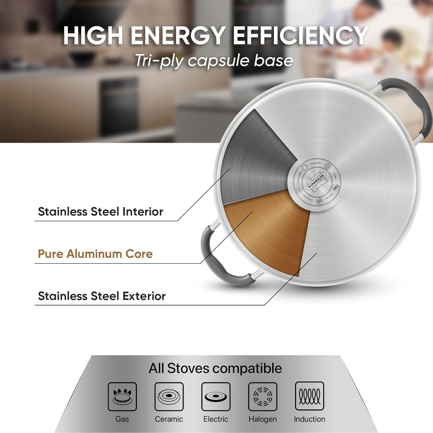 Sunhouse induction-ready base works with gas, electric, ceramic, and induction stoves.