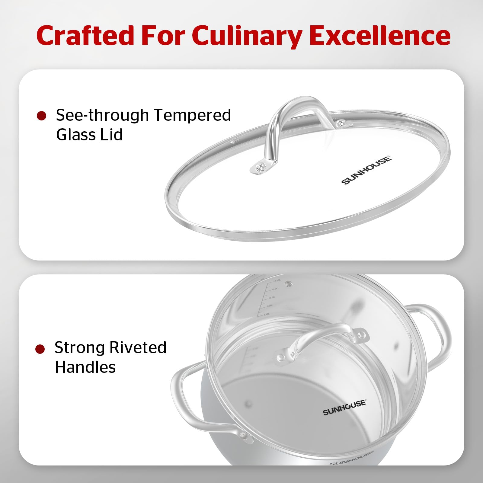 Sunhouse stock pot with sturdy side handles for safe lifting.