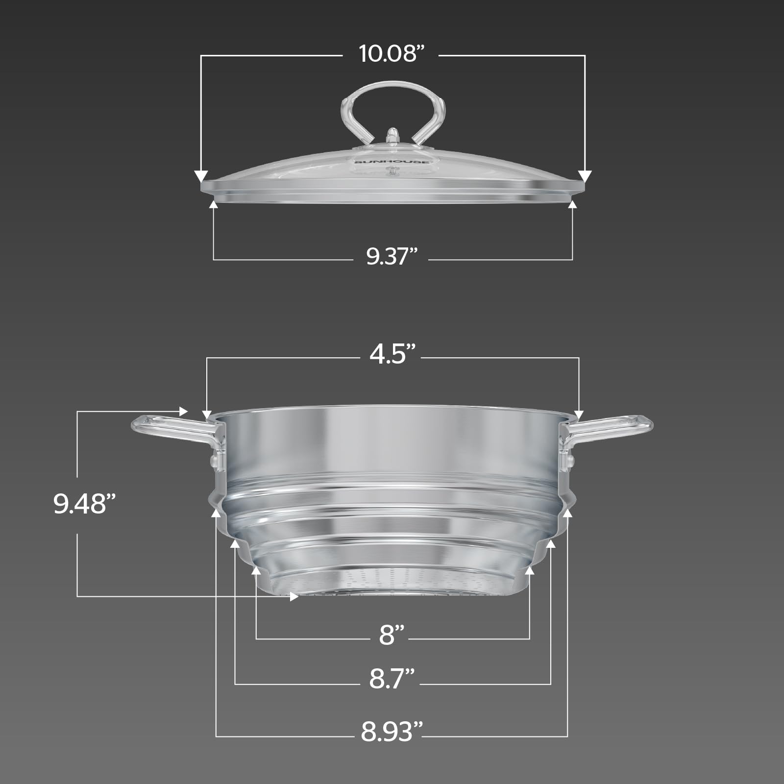 Sunhouse stockpot with smooth interior surface for easy cleanup and dishwasher compatibility.