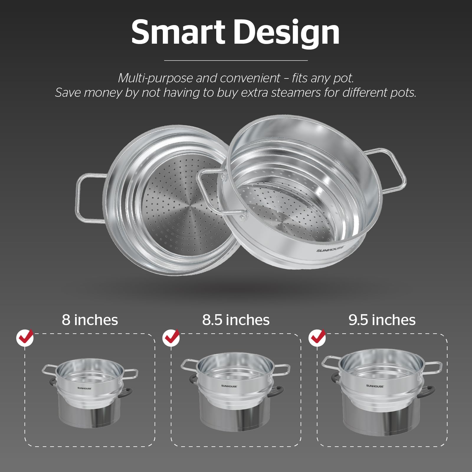 Sunhouse stockpot highlighting durable 304 stainless steel and non-reactive interior.