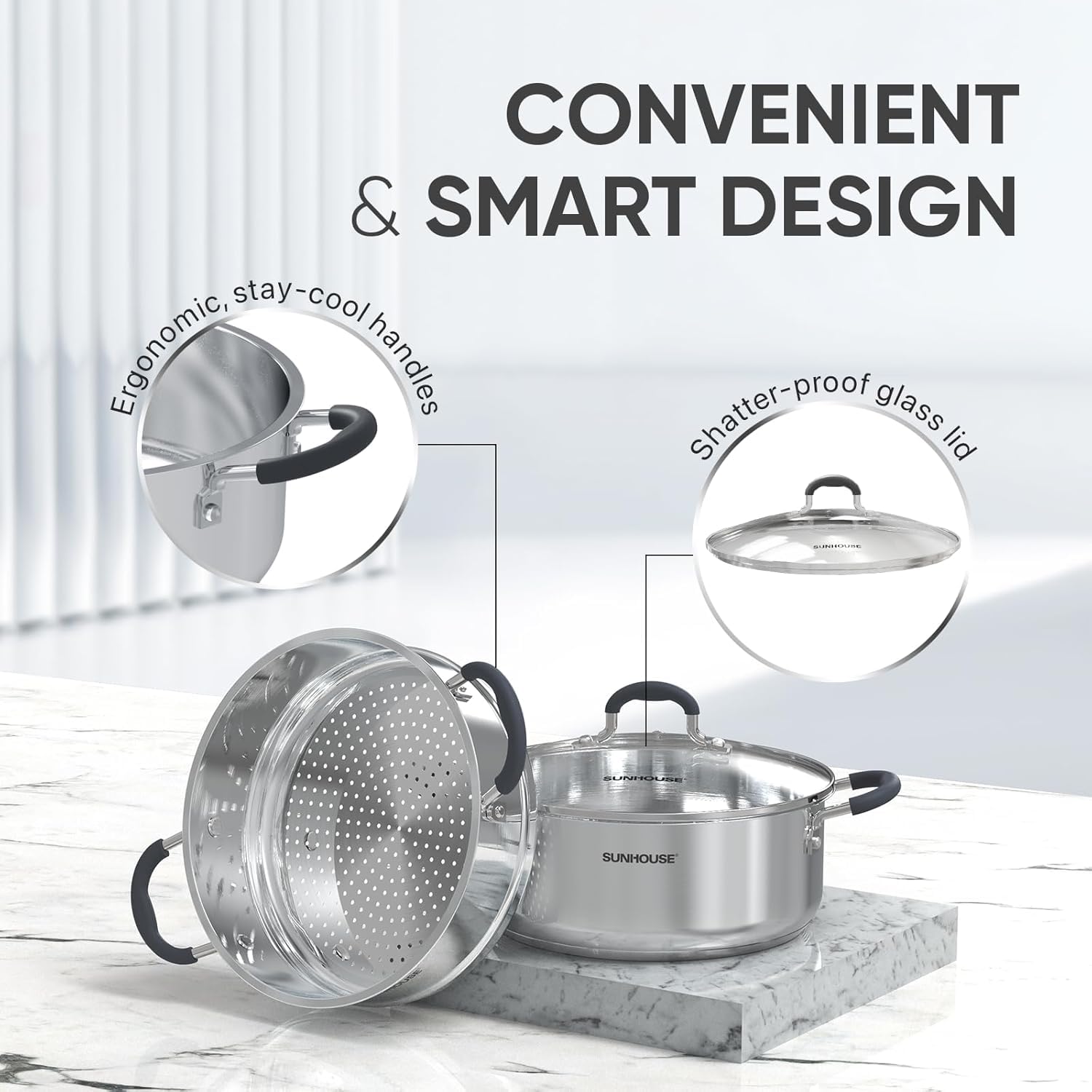 Sunhouse stockpot on stovetop with even heat distribution for soups