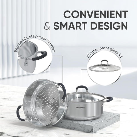 Sunhouse stockpot on stovetop with even heat distribution for soups