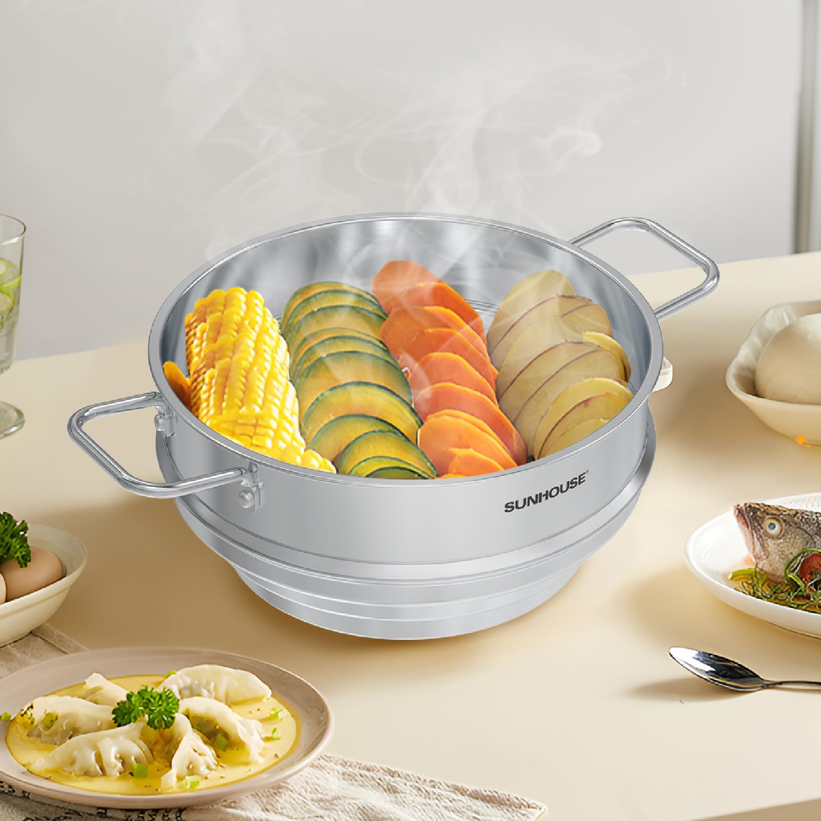 Sunhouse stockpot with sturdy side handles for safe lifting and pouring.