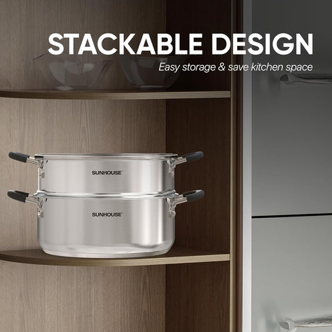 Sunhouse stockpot side view emphasizing robust handles for pouring
