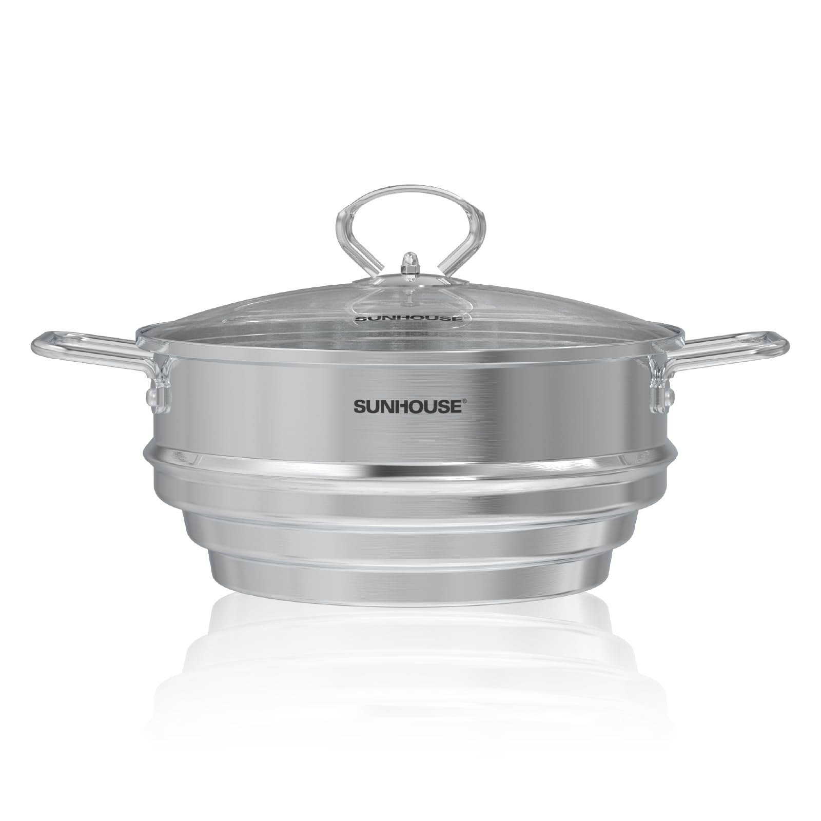 Sunhouse stockpot with steamer insert showing 5-quart capacity for versatile meals.