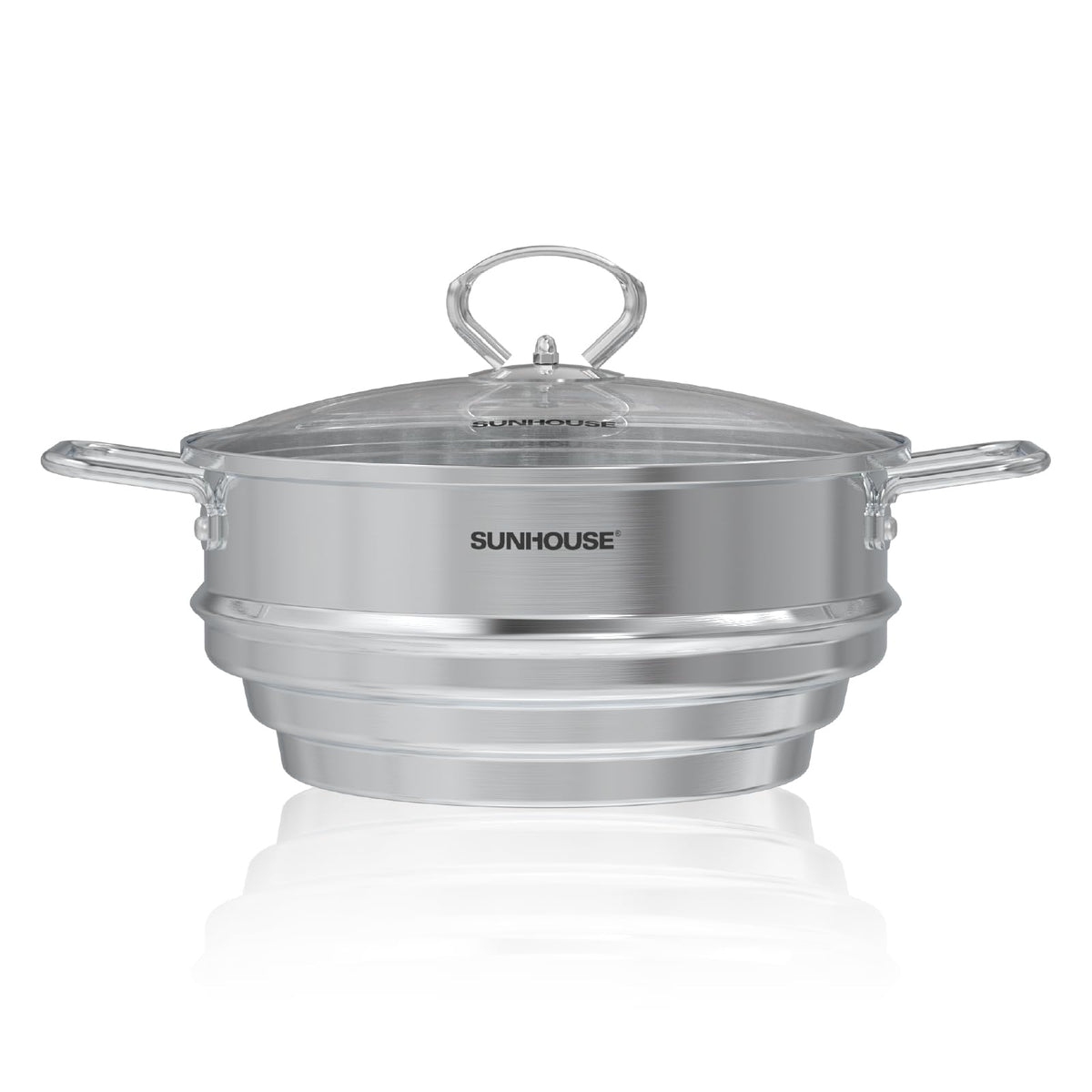 Sunhouse stockpot with steamer insert showing 5-quart capacity for versatile meals.