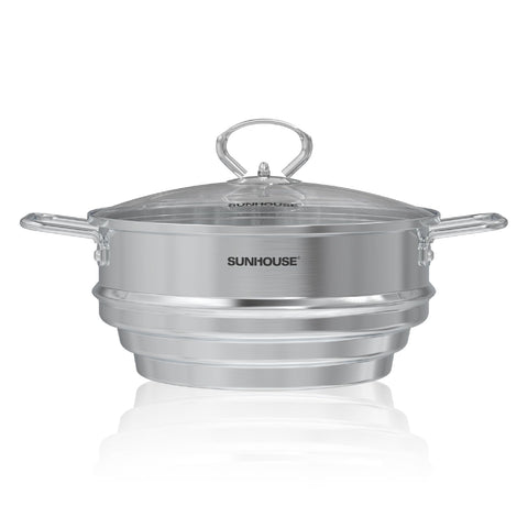 Sunhouse stockpot with steamer insert showing 5-quart capacity for versatile meals.