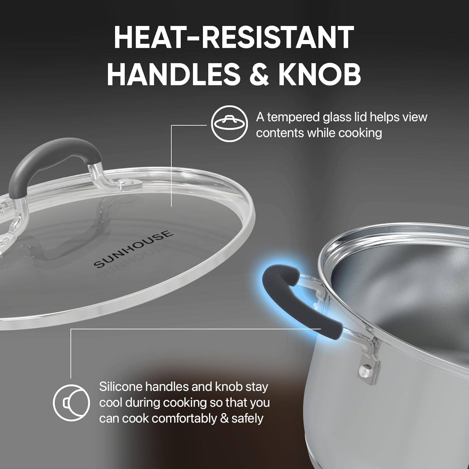 Sunhouse tri-ply bottom provides even heat distribution for consistent cooking.