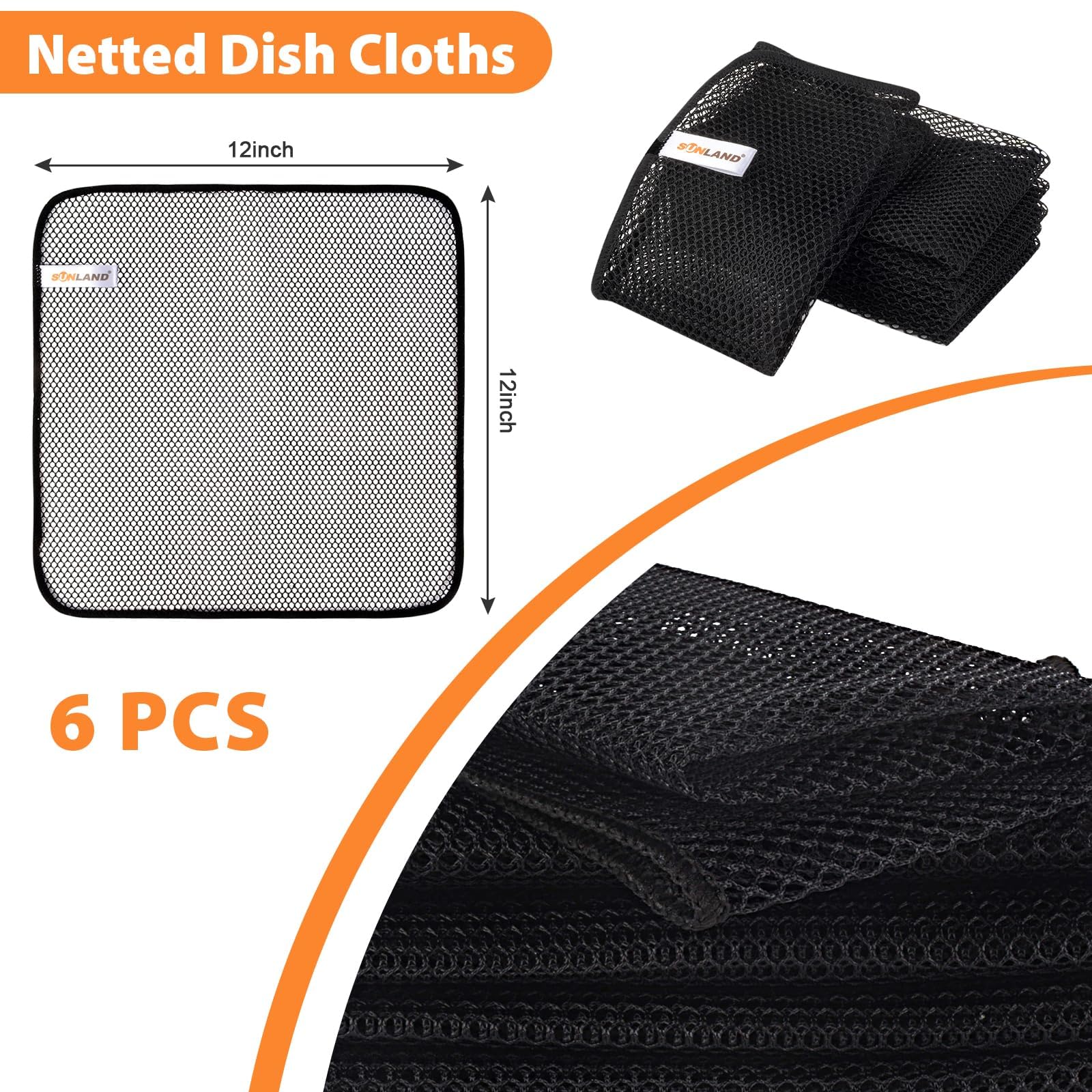 Sunland Netted Dish Cloths close-up highlights durable triple-stitched edges.