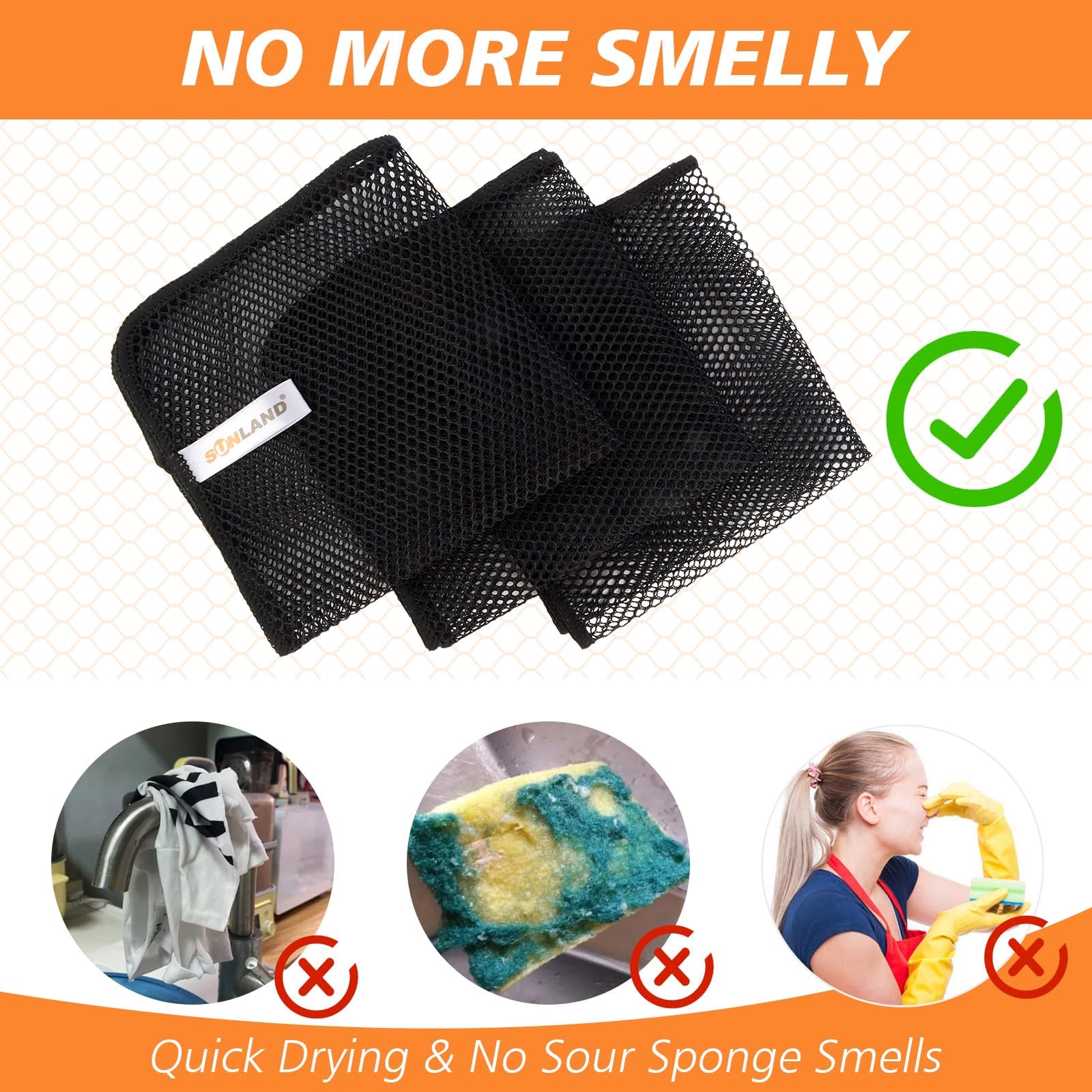 Sunland Netted Dish Cloths demonstrate odor resistance during kitchen dishwashing.