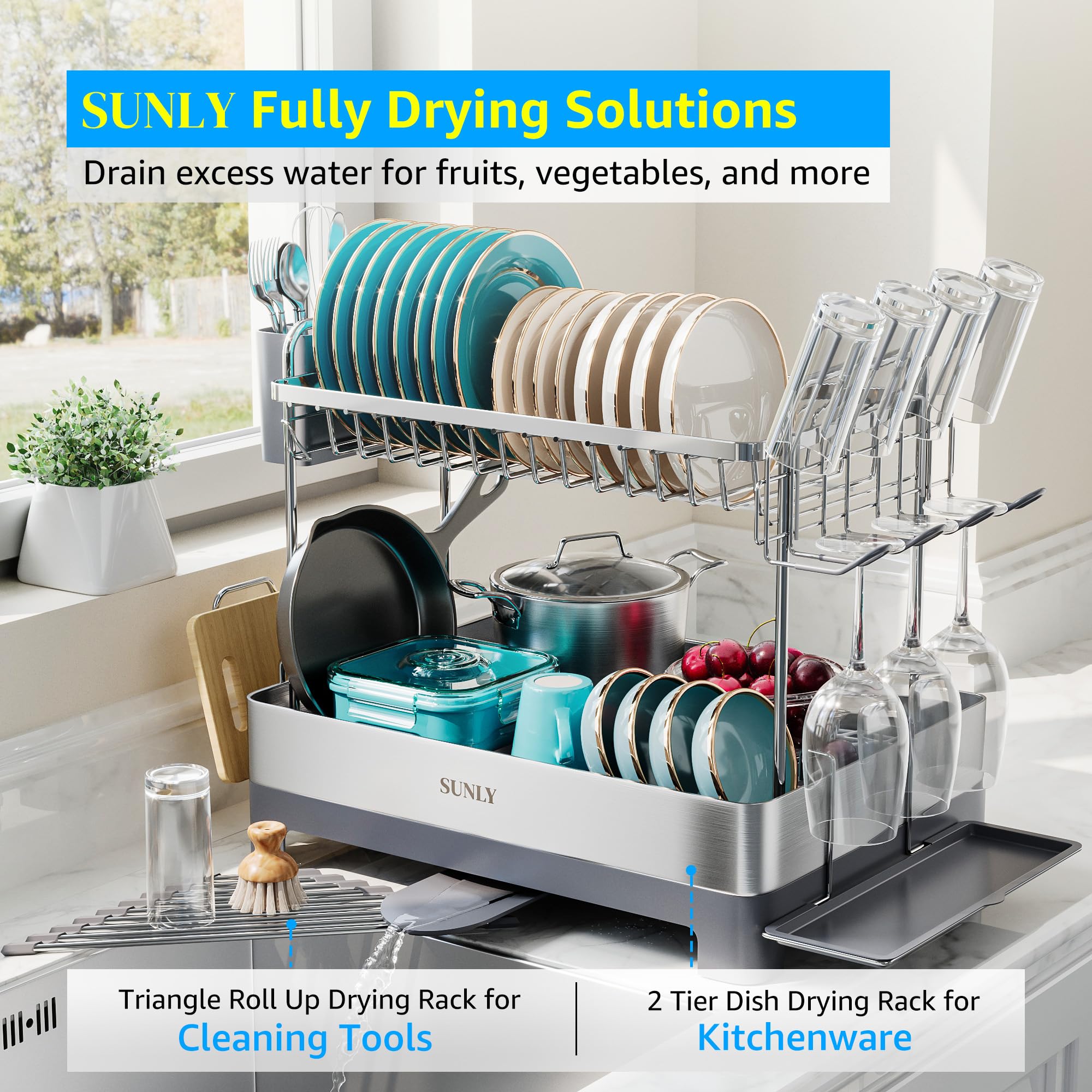 SUNLY 2-tier dish drying rack demonstrates organized placement for plates, cups, and bowls.