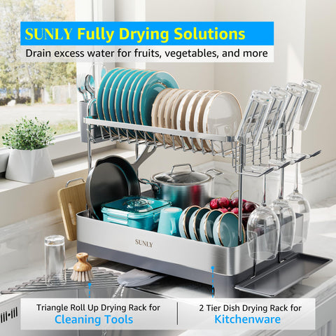 SUNLY 2-tier dish drying rack demonstrates organized placement for plates, cups, and bowls.