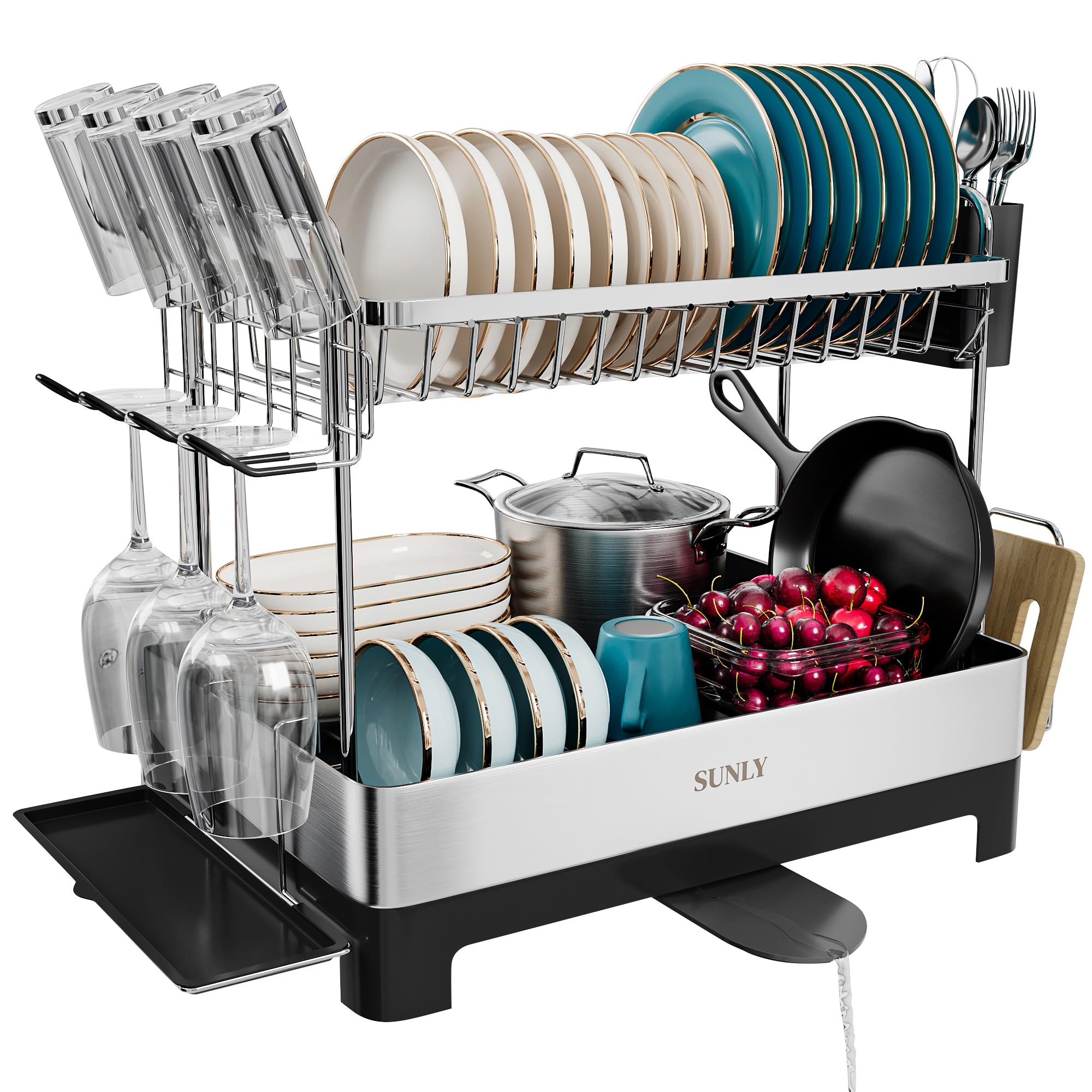 SUNLY 2-Tier Dish Drying Rack with large capacity keeps dishes organized and air-dried