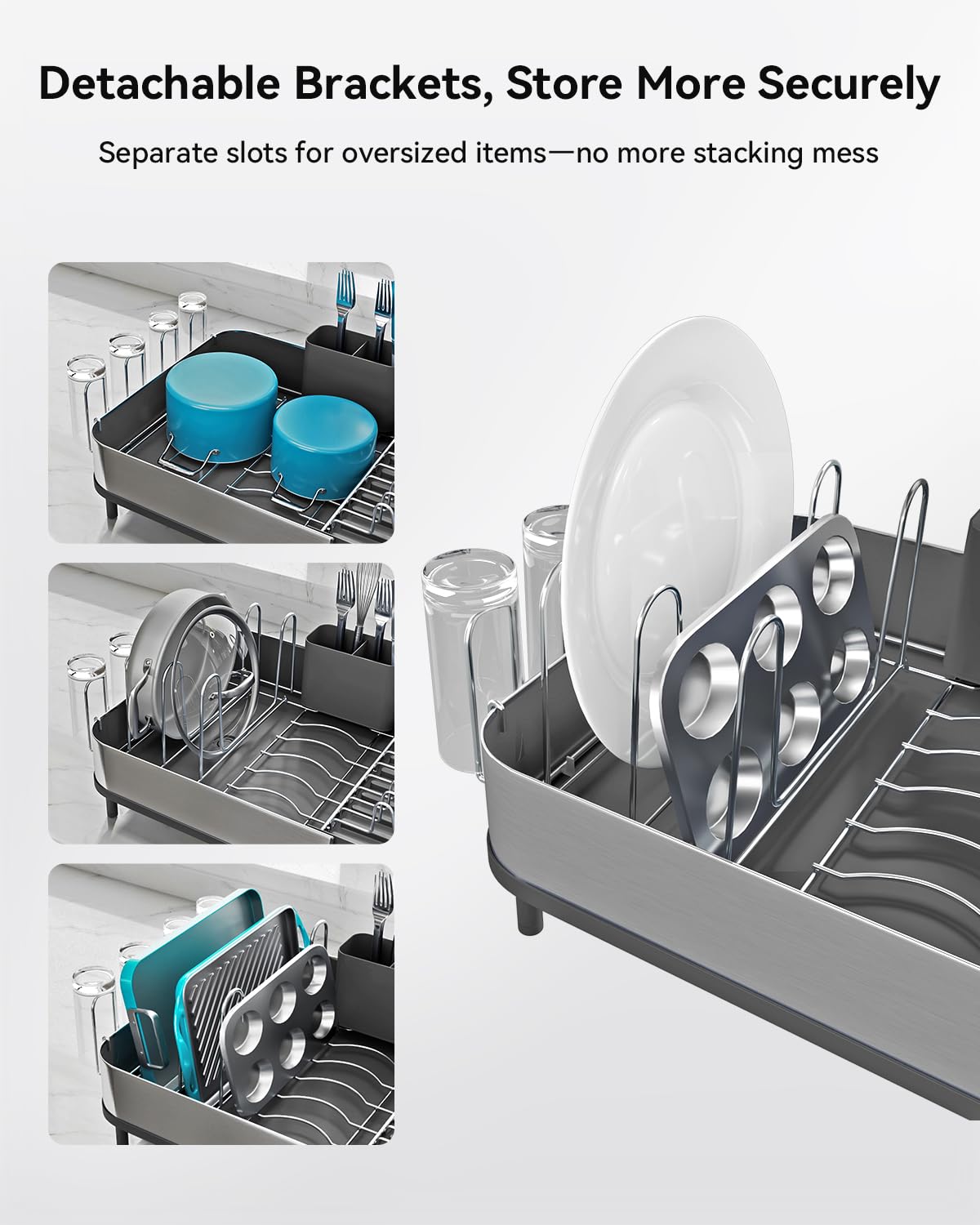 Sunly dish drainer with built-in drainage spout directs water to sink.