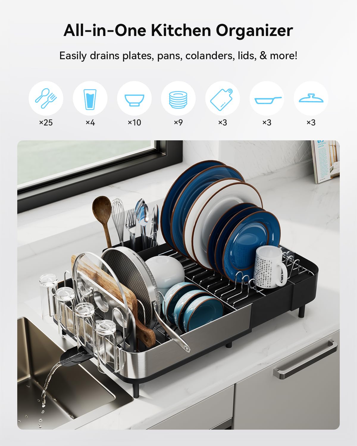 Sunly dish drying rack with versatile brackets for lids and boards.
