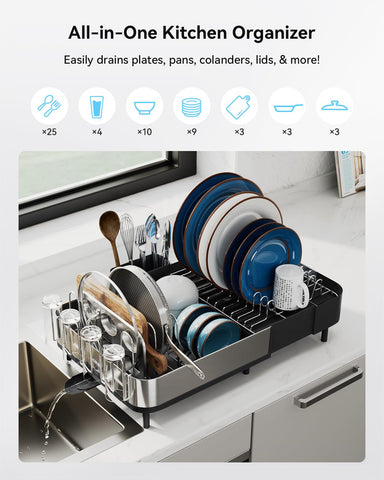 Sunly dish drying rack with versatile brackets for lids and boards.