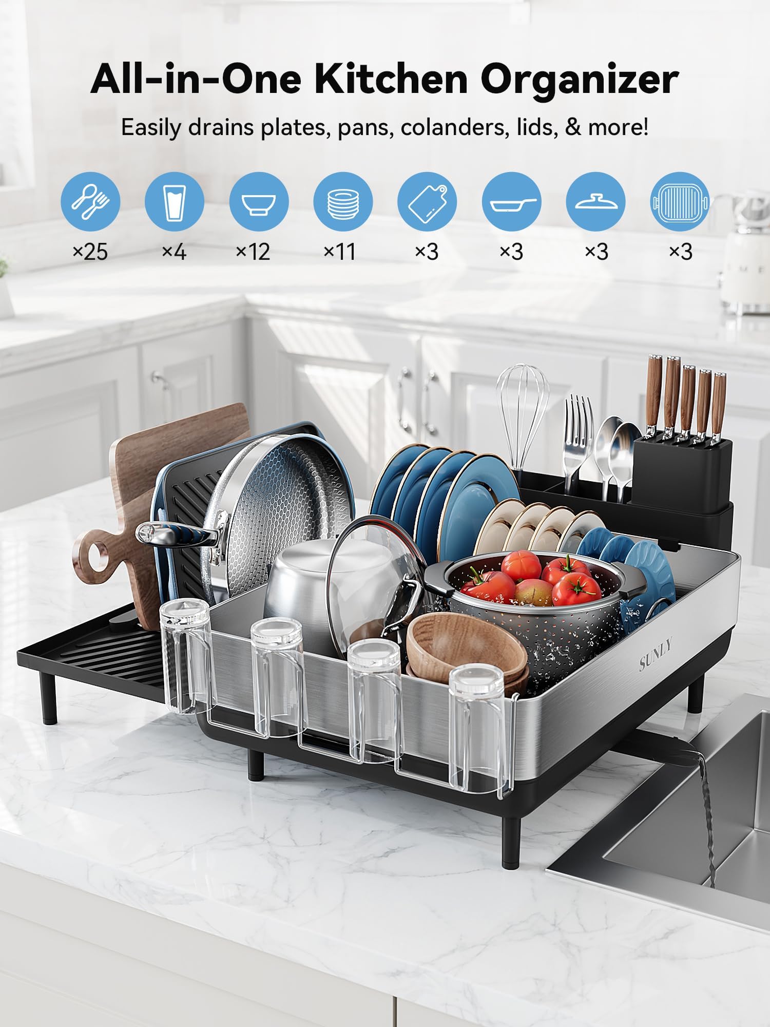 SUNLY dish drying rack flip-up holders securing lids and pans