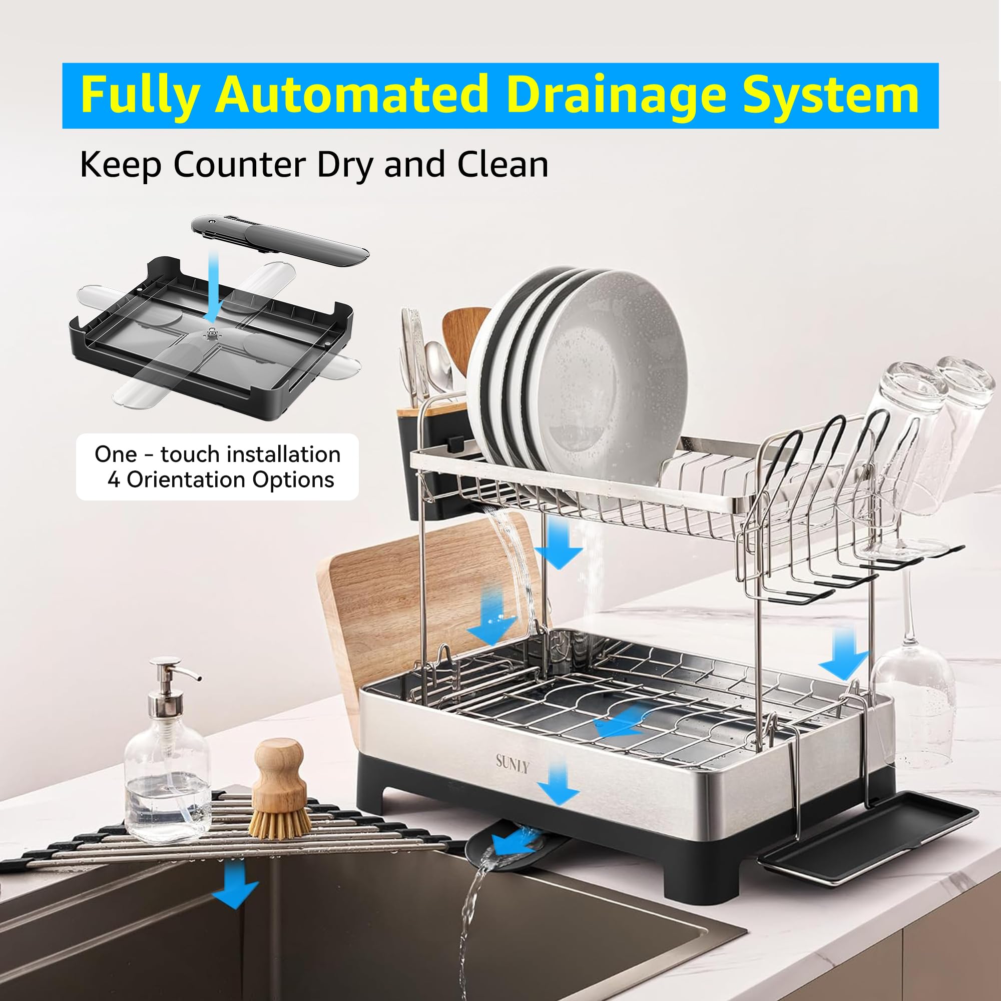 SUNLY multifunctional dish rack with dedicated zones for plates, cups, bowls