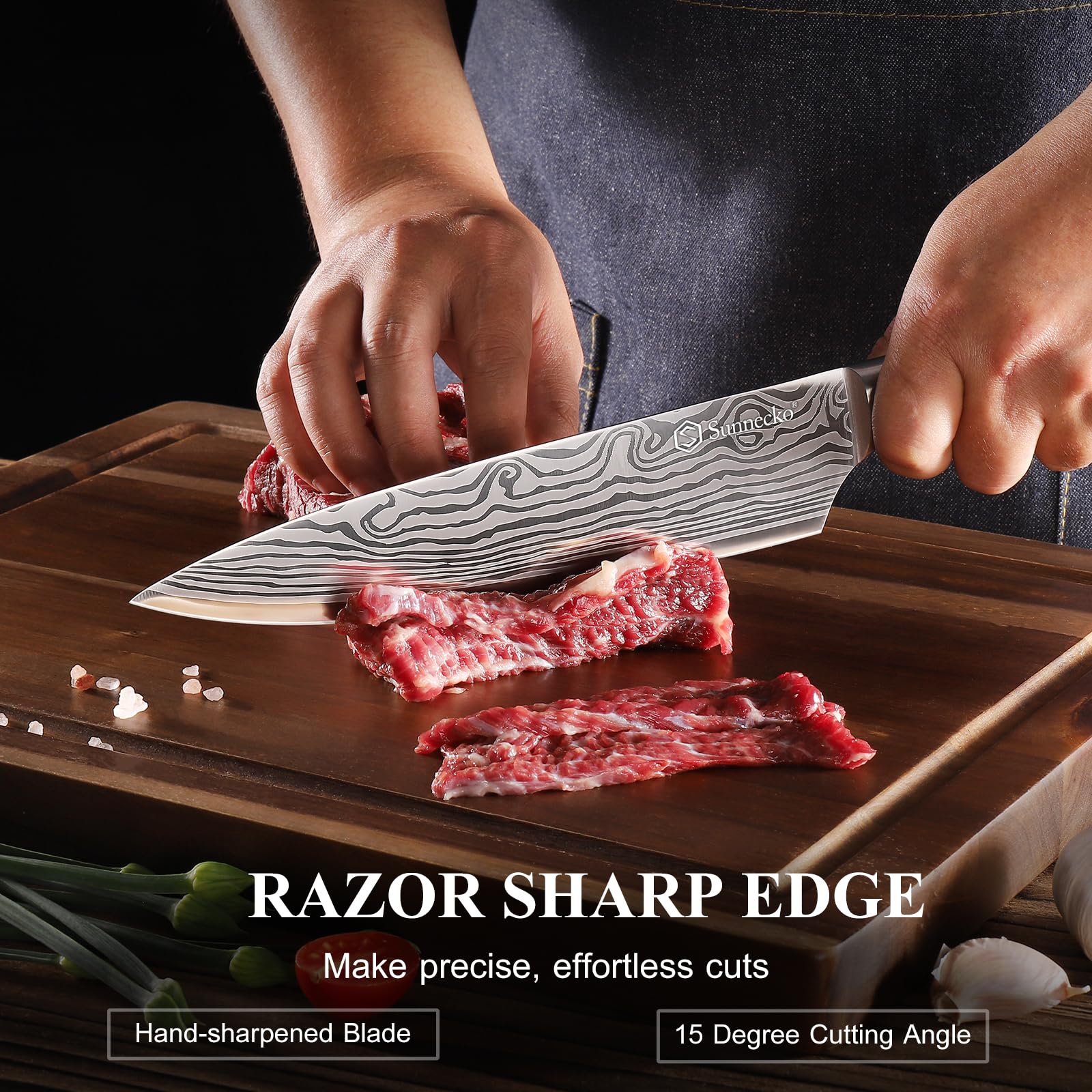 Sunnecko 8-inch bread knife with laser-etched blade for clean, even slices.