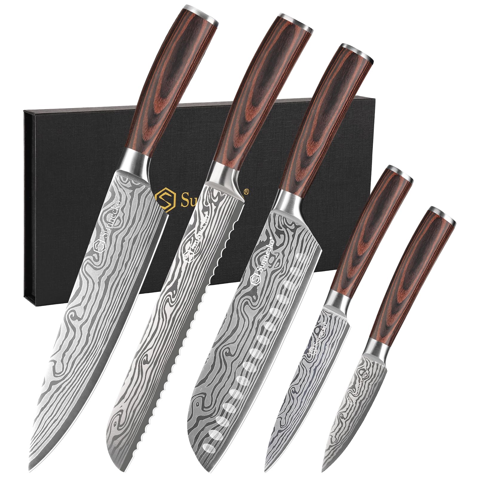 Sunnecko 5-piece set: 8-inch chef knife with ergonomic Pakka-wood handle for precise slicing.