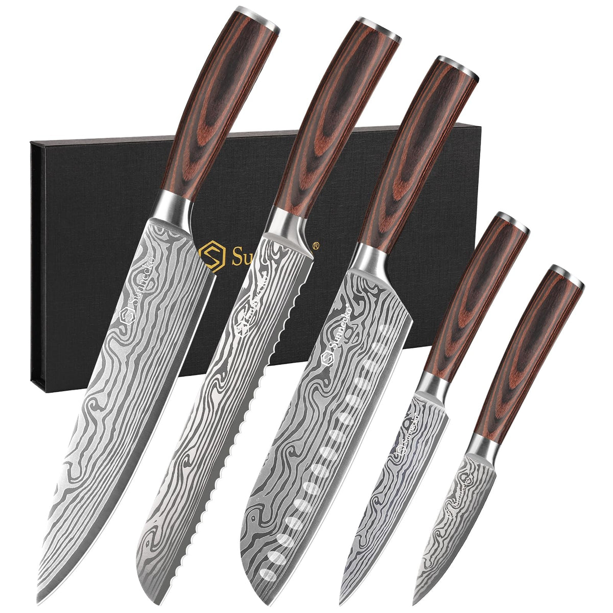 Sunnecko 5-piece set: 8-inch chef knife with ergonomic Pakka-wood handle for precise slicing.