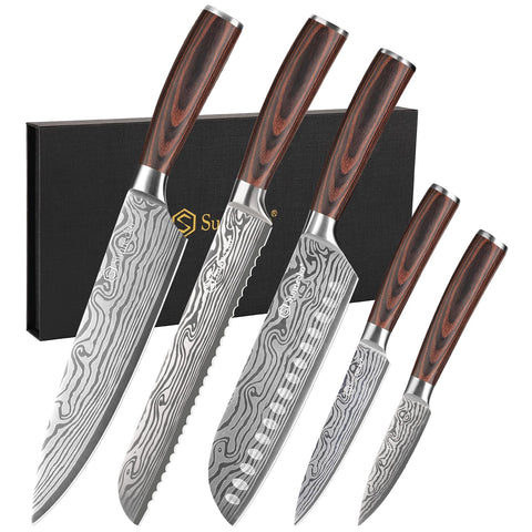 Sunnecko 5-piece set: 8-inch chef knife with ergonomic Pakka-wood handle for precise slicing.