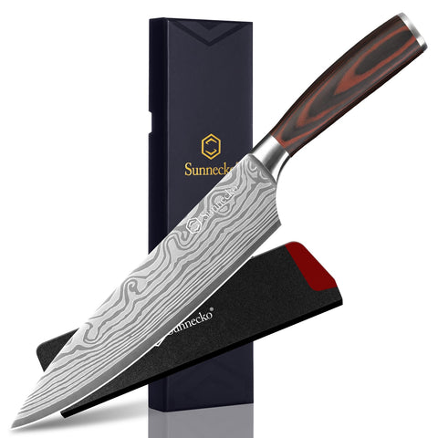 Sunnecko 8-inch chef knife with sheath for safe storage and quick access.