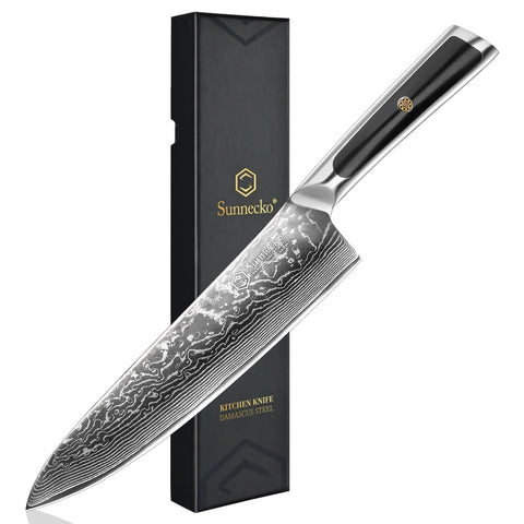 Sunnecko 8-Inch Damascus Chef Knife blade — razor-sharp edge for precise slicing of meats and produce.