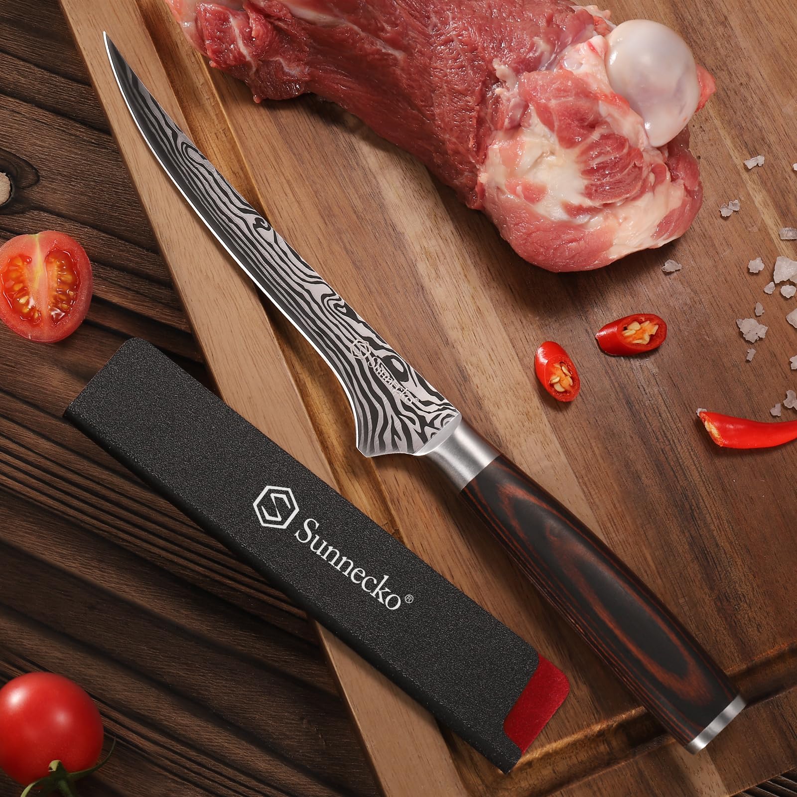 Sunnecko boning knife steel bolster balances weight for comfortable use