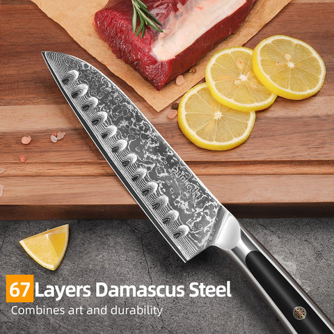Sunnecko Damascus pattern Santoku showcases elegant texture and durable steel.