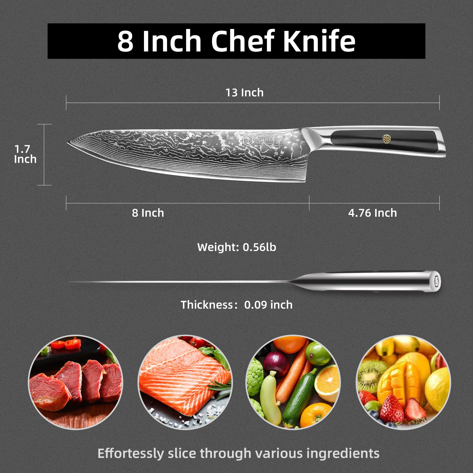 Sunnecko ergonomic full-tang handle shown for comfortable, balanced control during prep.