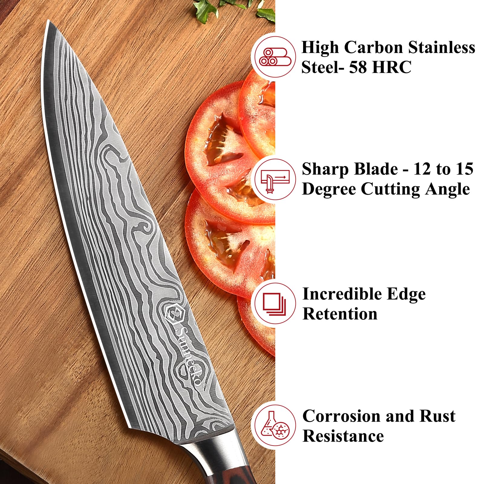 Sunnecko ergonomic pakkawood handle provides comfortable, non-slip grip during long prep sessions.