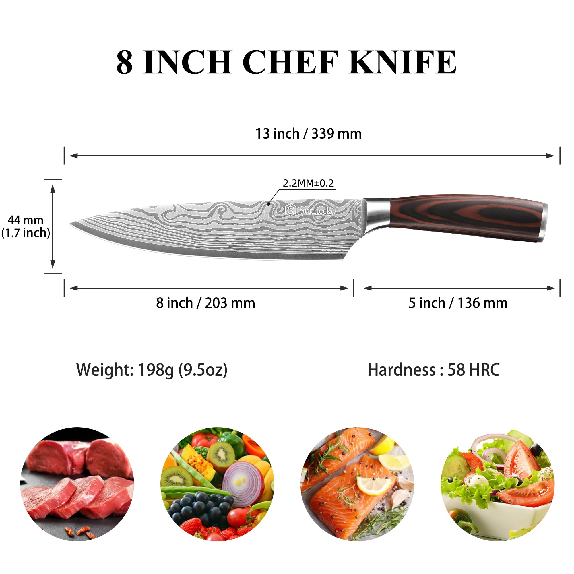 Sunnecko high carbon stainless steel blade resists rust and maintains sharpness.