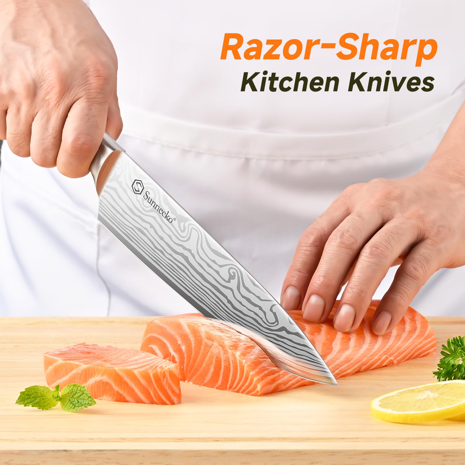Sunnecko 8-inch chef knife for precise chopping.