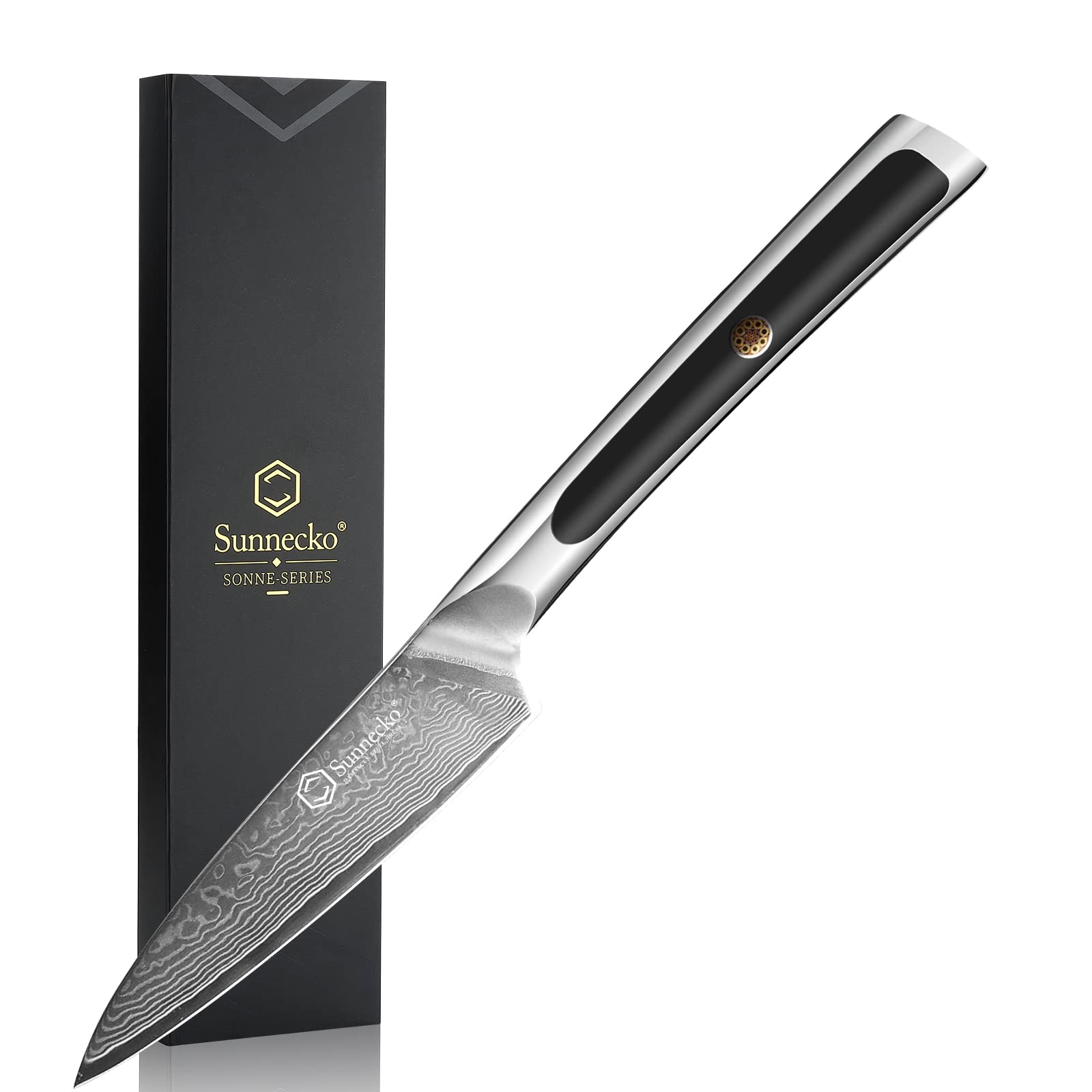 Sunnecko paring knife close-up shows the 67-layer Damascus pattern for precision.