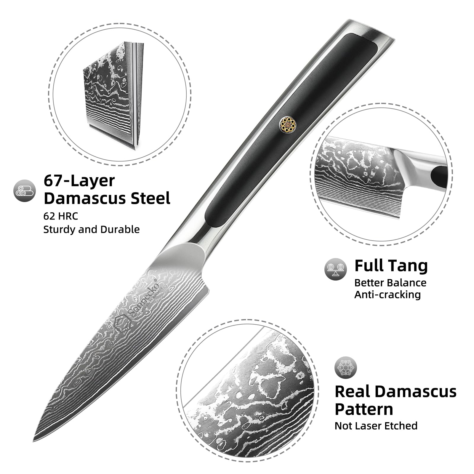 Sunnecko paring knife 3-5 inch VG-10 core close-up highlights sharp edge.